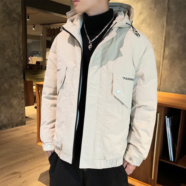 Europe station thickened loose short hooded jacket men's 2019 new white down brand down jacket for men