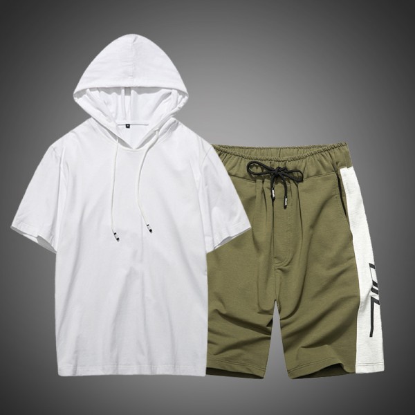 Men's two piece suit 2021 summer new sweater men's short sleeve trend hooded Casual Short Sleeve shorts men's suit