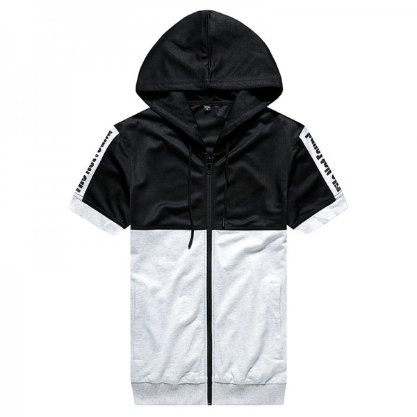 Hooded short sleeve 2-piece cardigan zipper hooded contrast short T-shirt English Print Capris men's sports fashion