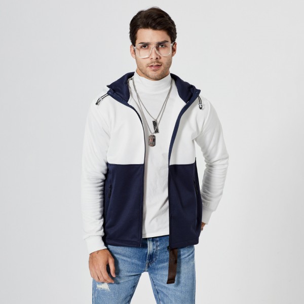 European and American autumn and winter fashion splicing color contrast coat casual versatile trend drawcord zipper hooded cardigan coat men