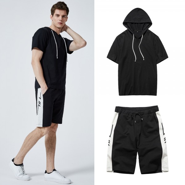 Men's two piece suit 2021 summer new sweater men's short sleeve trend hooded Casual Short Sleeve shorts men's suit