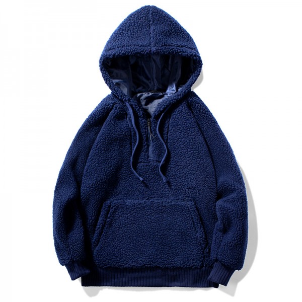 Amazon winter lamb wool sweater fashion solid color Pullover Hooded Sweater big pocket men's new Drawstring
