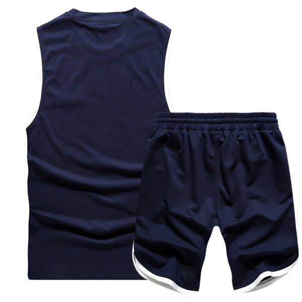Men's spring and summer sports suit cuffs contrast color sleeveless small pocket vest Capris men's sports suit