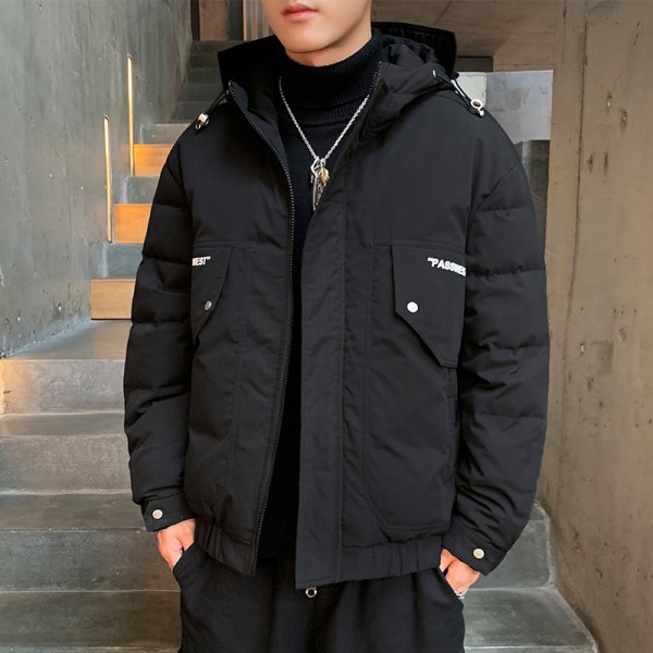 Europe station thickened loose short hooded jacket men's 2019 new white down brand down jacket for men