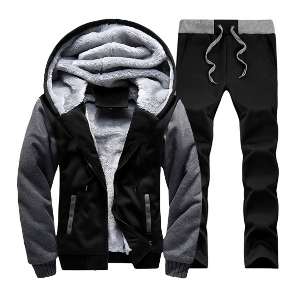 Men's autumn and winter Plush cardigan Hooded Sweater straight pants two piece set contrast color sweater loose sports man