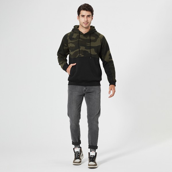 2021 Amazon new large size camouflage stitched Sweater Hoodie men's sweater large pocket stitched jacket