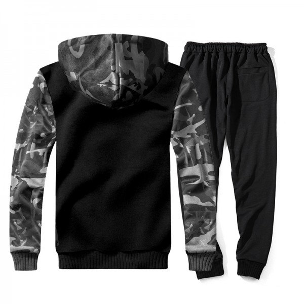 Autumn and winter thickened long sleeve sweater suit men's camouflage cardigan contrast color Hooded Sweater two piece tie leg trousers