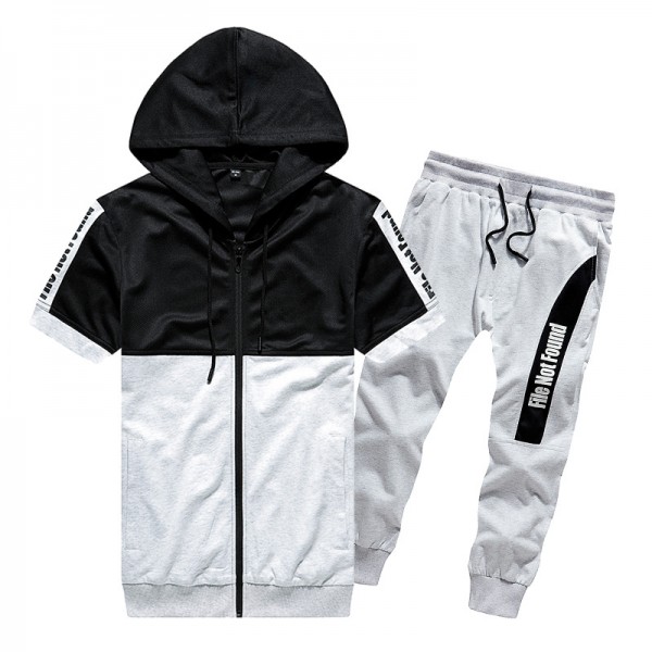 Hooded short sleeve 2-piece cardigan zipper hooded contrast short T-shirt English Print Capris men's sports fashion