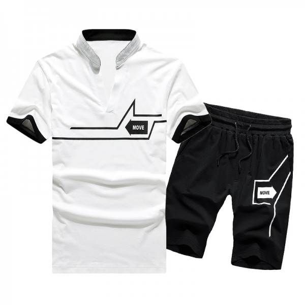 2021 spring and summer new short sleeve suit sport stand neck short T-shirt drawstring shorts versatile comfortable casual two piece set