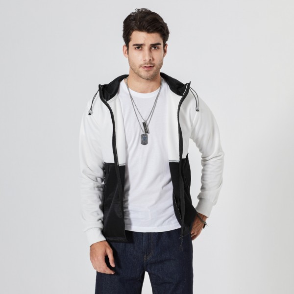 European and American autumn and winter fashion splicing color contrast coat casual versatile trend drawcord zipper hooded cardigan coat men
