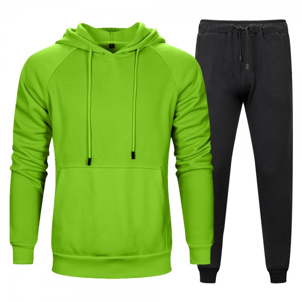 Autumn and winter two piece solid kangaroo pocket hooded solid loose sports pants men's wear