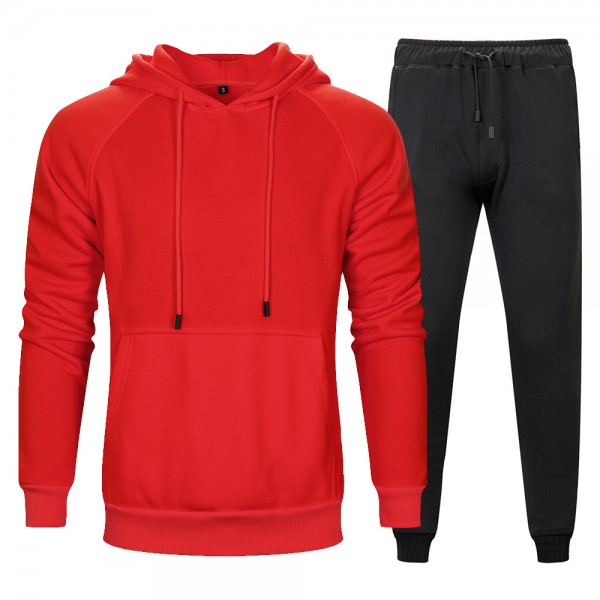 Autumn and winter two piece solid kangaroo pocket hooded solid loose sports pants men's wear