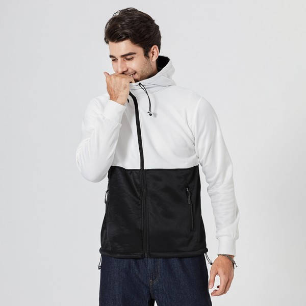 European and American autumn and winter fashion splicing color contrast coat casual versatile trend drawcord zipper hooded cardigan coat men