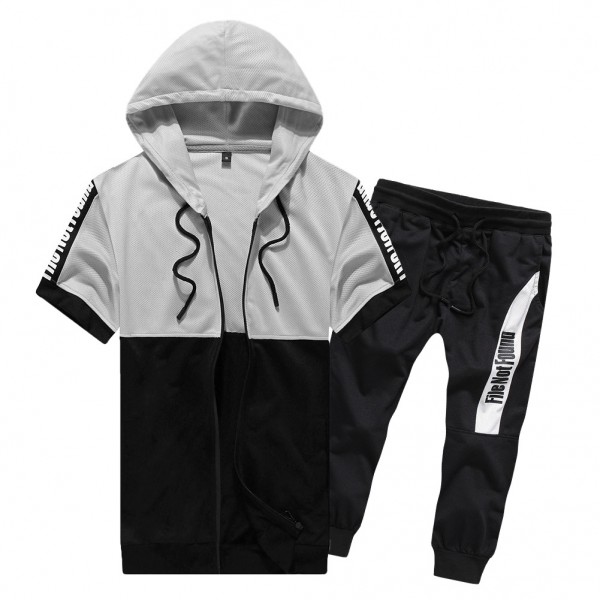 Hooded short sleeve 2-piece cardigan zipper hooded...