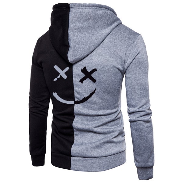 European cross border new casual men's Hooded Sweater men's color matching zipper smiling face print coat large