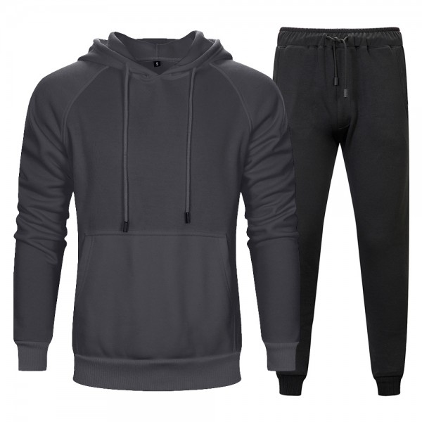 Autumn and winter two piece solid kangaroo pocket hooded solid loose sports pants men's wear