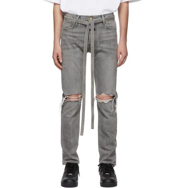 2019 new high street fog Season 6 Kanye ribbon knife cut zipper washed grey perforated jeans