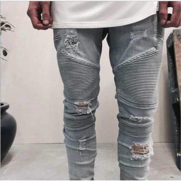 New men's jeans Europe and the United States high street trend hole fold slim little foot elastic youth jeans pants