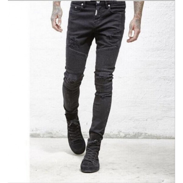 New men's jeans Europe and the United States high street trend hole fold slim little foot elastic youth jeans pants