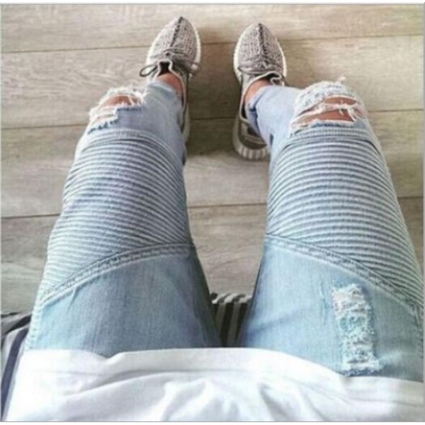 New men's jeans Europe and the United States high street trend hole fold slim little foot elastic youth jeans pants