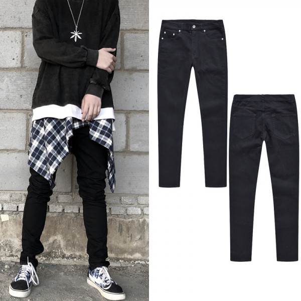 Kanye European and American high street style black basic versatile Slim small foot washed jeans ins trendy men's