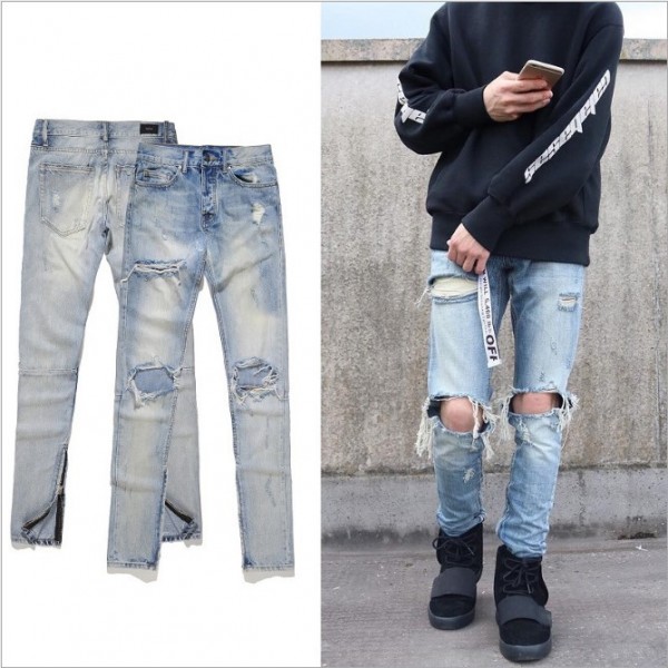 Justin Bieber same men's clothing Europe and the United States high street men's hole beggars slim feet jeans men's wholesale
