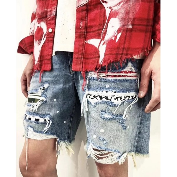 European and American short jeans cashew flower checkerboard camouflage holes destroy Jeans Shorts wholesale in spring and summer of 2019