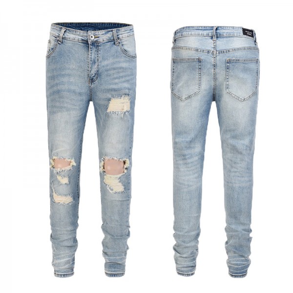 Europe and the United States high street trend men's wear ins knee hollowed out damage beggars' pants slim stretch holed jeans men's wear