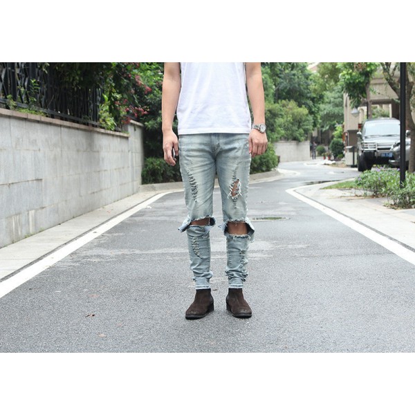 European and American high street trend men's wear black blue washed old knee damage knife cut Stretch Skinny Jeans Men's wear