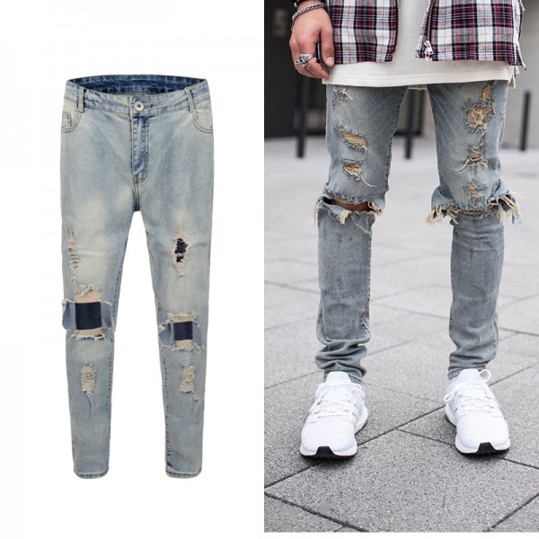 Foreign trade new men's wear Europe and America high street knee big damage hole blue wash old men's jeans fashion