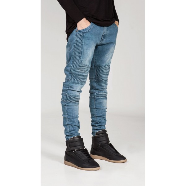 Fast sell easy hot men's wear European and American street trend men's jeans pleated slim fit small leg jeans men's jeans