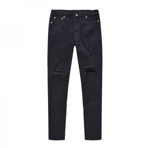 Europe and the United States high street ins net red same black knife cut hole wash slim feet versatile jeans pants men's fashion