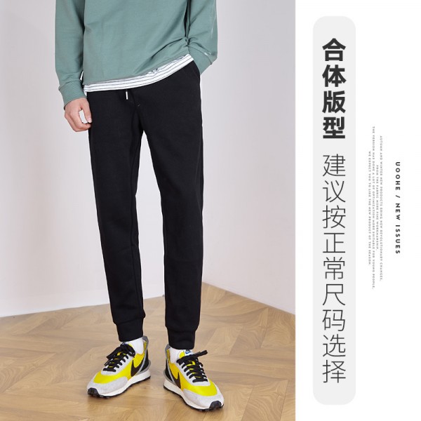 Yizhi men's solid color leisure sports pants men's new slim and hemmed in leg warm pants in autumn and winter 2020