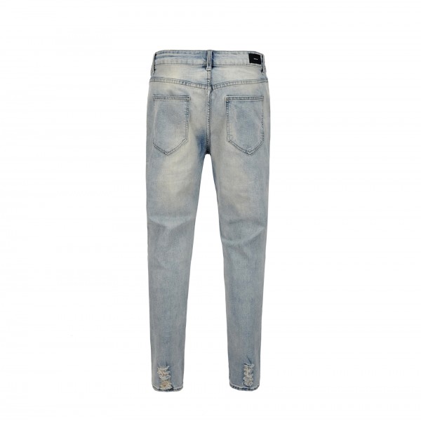 Foreign trade new men's wear Europe and America high street knee big damage hole blue wash old men's jeans fashion