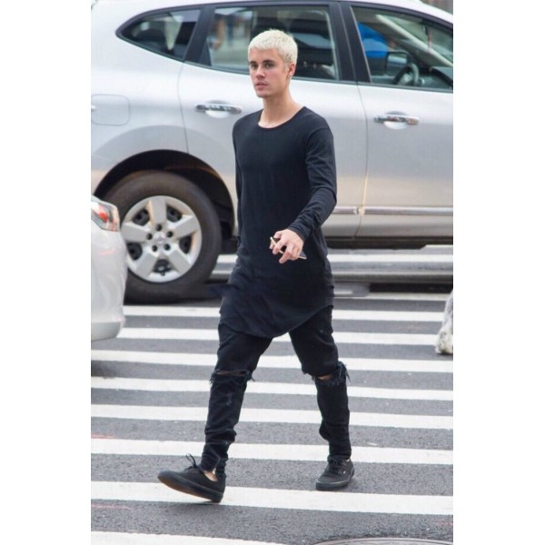 Bieber's same jeans men's trendy high street fog style knife cut beggar's hole zipper slim legged Pants Black