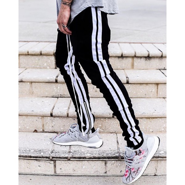 Europe and the United States high street ins men's casual pants with two bars side white hip hop retro leg zipper pants