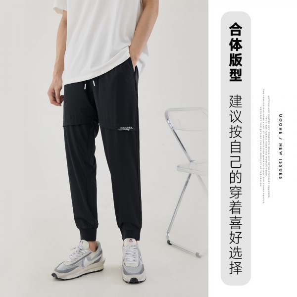 Pre sale men's black cool air conditioning fabric pants men's summer thin fashion pocket embroidery sports casual pants