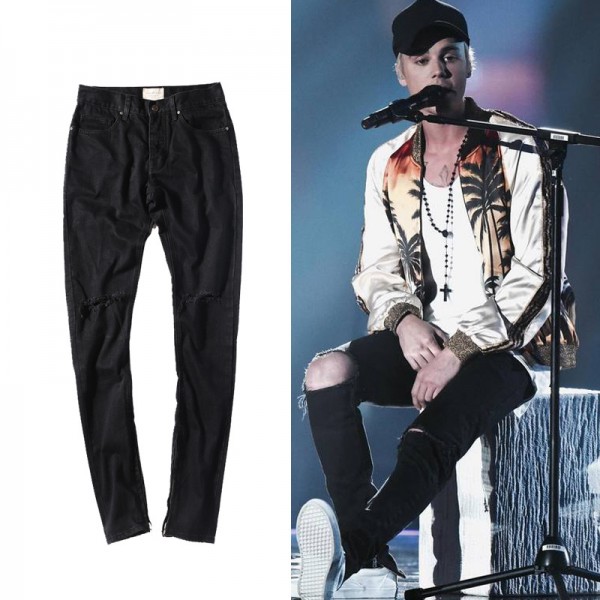 Men's jeans fearofgod black cattle knee hole Quan Zhilong GD fashionable slim zipper Leggings