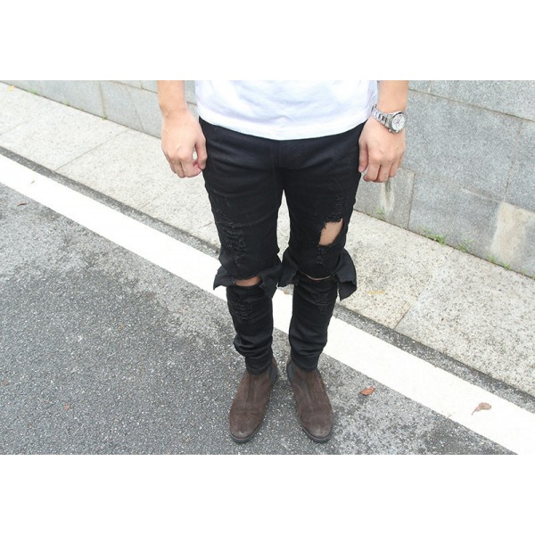 European and American high street trend men's wear black blue washed old knee damage knife cut Stretch Skinny Jeans Men's wear