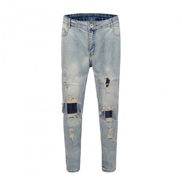 Foreign trade new men's wear Europe and America high street knee big damage hole blue wash old men's jeans fashion