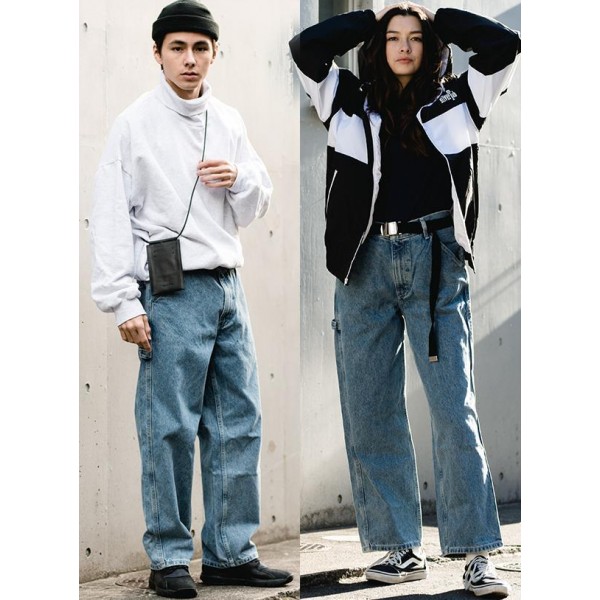 European and American high street men's Retro 90's big and loose hip hop casual men's washed blue jeans