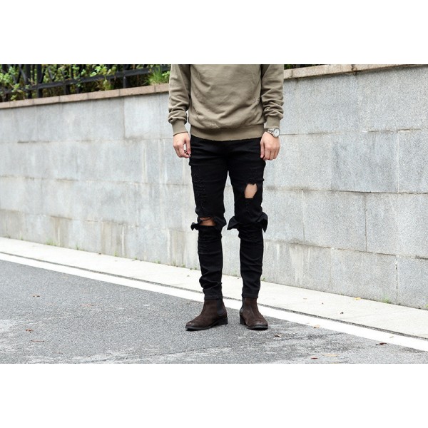 European and American high street trend men's wear black blue washed old knee damage knife cut Stretch Skinny Jeans Men's wear