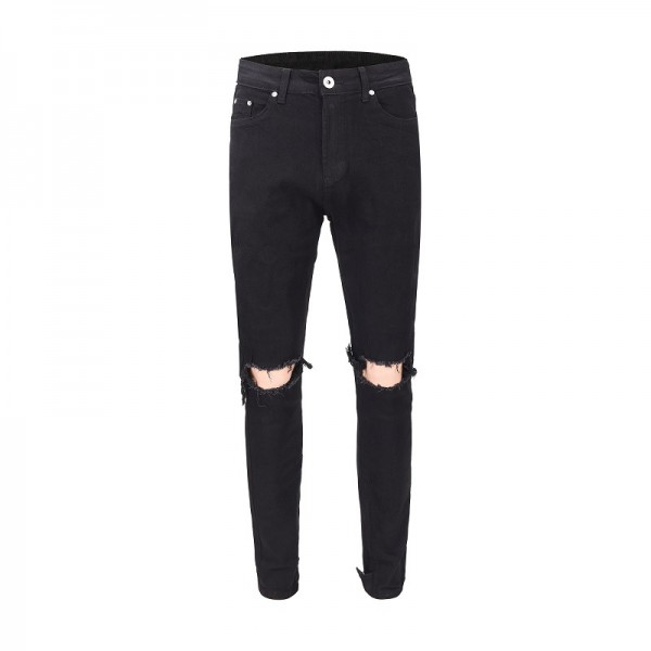 Kanye same men's wear Europe and the United States high street hole trouser leg Button Black Elastic slim fit men's jeans