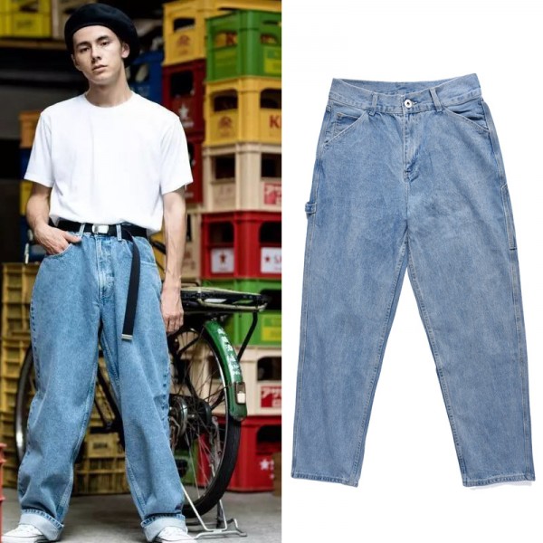 European and American high street men's Retro 90's big and loose hip hop casual men's washed blue jeans