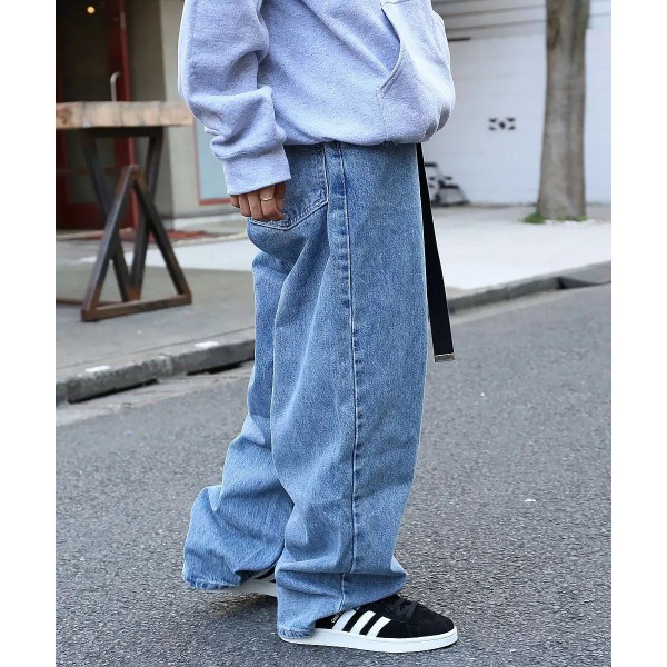 European and American high street men's Retro 90's big and loose hip hop casual men's washed blue jeans