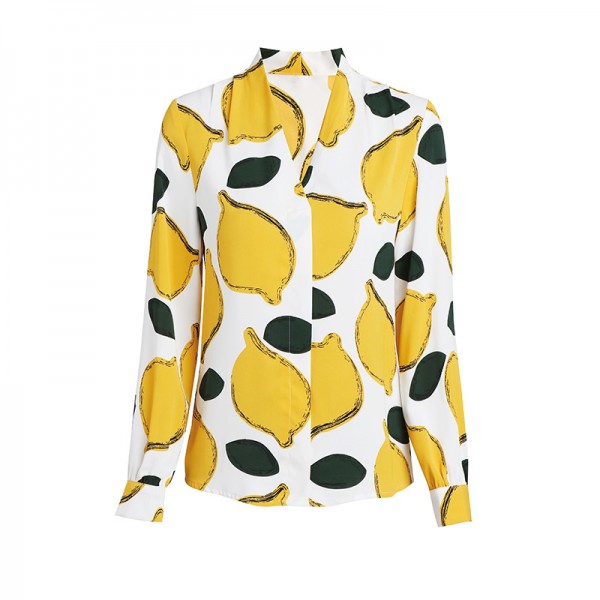 194021-2021 early spring new product fashion temperament versatile V-neck lemon print design chiffon shirt 