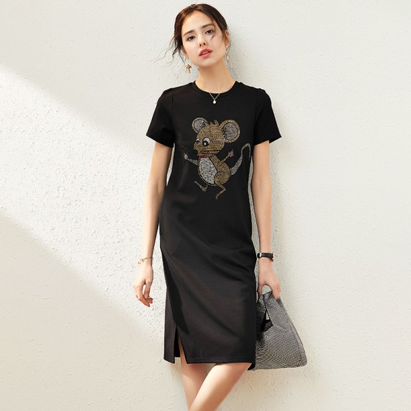2006507-2021 spring and summer French New Age reducing round neck hot drill mouse T-shirt split casual dress 