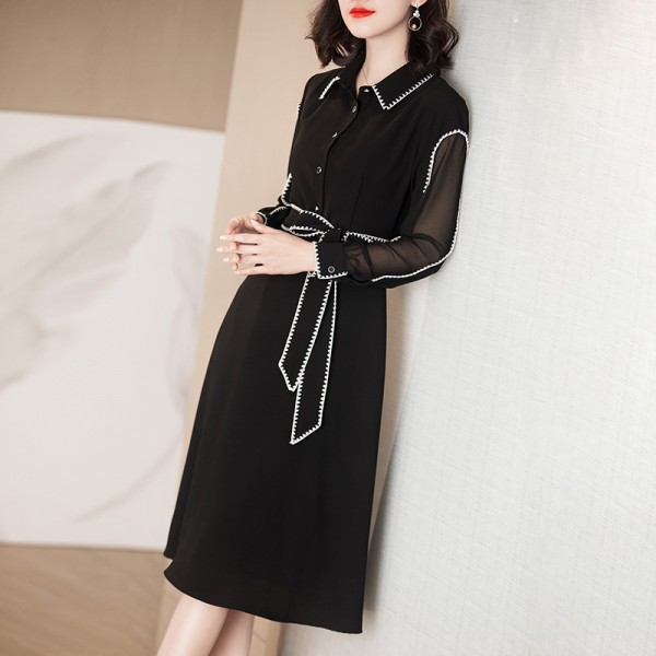 1940308-2021 early spring new style elegant lady commuting waist slim medium length linen dress 