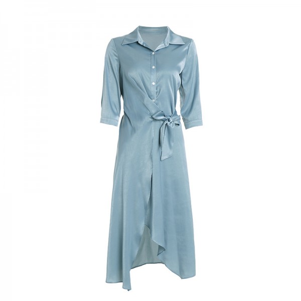 2003304-2021 spring and summer new light sense Satin waist band design shirt skirt dress commuter 