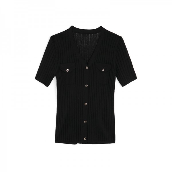 S2006405-2021 spring and summer new French retro top versatile temperament knitted cardigan simple T-shirt lazy 